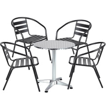 Load image into Gallery viewer, BTExpert Indoor Outdoor 23.75&quot; Round Restaurant Table Stainless Steel Silver Aluminum + 4 Black Metal Slat Stack Chairs Lightweight
