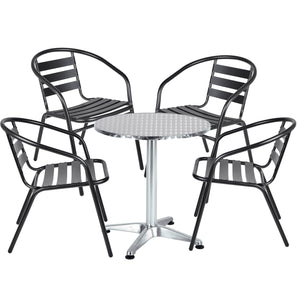 BTExpert Indoor Outdoor 23.75" Round Restaurant Table Stainless Steel Silver Aluminum + 4 Black Metal Slat Stack Chairs Lightweight