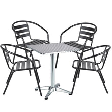 Load image into Gallery viewer, BTExpert Indoor Outdoor 23.75&quot; Square Restaurant Table Stainless Steel Silver Aluminum + Black Metal Aluminum Slat Stack Chairs Commercial Lightweight
