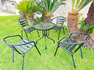 BTExpert Indoor Outdoor 23.75" Round Tempered Glass Metal Table Black + 4 Black Restaurant Metal Aluminum Slat Stack Chairs Commercial Lightweight