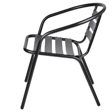 Load image into Gallery viewer, BTExpert Indoor Outdoor 23.75&quot; Round Tempered Glass Metal Table Black + 4 Black Restaurant Metal Aluminum Slat Stack Chairs Commercial Lightweight
