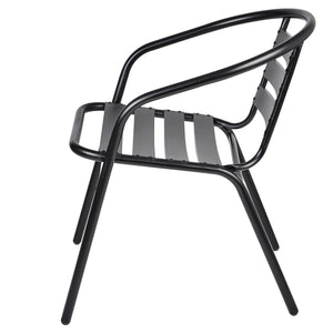 BTExpert Indoor Outdoor 23.75" Round Tempered Glass Metal Table Black + 4 Black Restaurant Metal Aluminum Slat Stack Chairs Commercial Lightweight