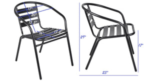 BTExpert Indoor Outdoor 23.75" Round Tempered Glass Metal Table Black + 4 Black Restaurant Metal Aluminum Slat Stack Chairs Commercial Lightweight
