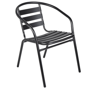 BTExpert Indoor Outdoor 23.75" Round Tempered Glass Metal Table Black + 4 Black Restaurant Metal Aluminum Slat Stack Chairs Commercial Lightweight