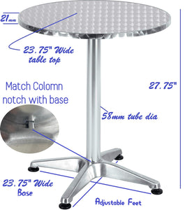 BTExpert Indoor Outdoor 23.75" Round Restaurant Table Stainless Steel Silver Aluminum + 2 Gray Flexible Sling Stack Chairs Commercial Lightweight