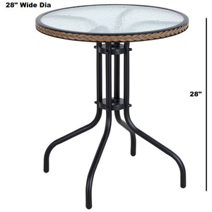 BTExpert Indoor Outdoor 28" Round Tempered Glass Metal Table Brown Rattan Trim + 2 Brown Restaurant Rattan Stack Chairs