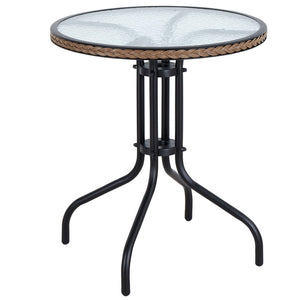 BTExpert Indoor Outdoor 28" Round Tempered Glass Metal Table Black Rattan Trim + 4 Black Restaurant Rattan Stack Chairs