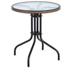 Load image into Gallery viewer, BTExpert Indoor Outdoor 28&quot; Round Tempered Glass Metal Table Brown Rattan Trim + 4 Gray Restaurant Flexible Sling Stack Chairs
