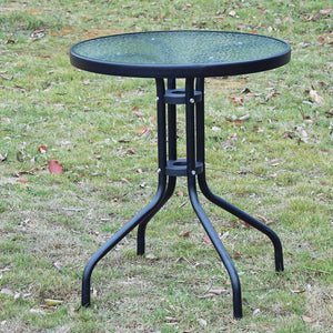 BTExpert Indoor Outdoor 23.75" Round Tempered Glass Metal Table Black + 4 Black Restaurant Metal Aluminum Slat Stack Chairs Commercial Lightweight