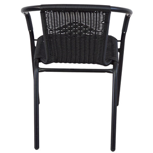 BTExpert Indoor Outdoor 28" Round Tempered Glass Metal Table Black Rattan Trim + 4 Black Restaurant Rattan Stack Chairs