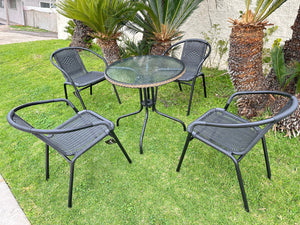 BTExpert Indoor Outdoor 28" Round Tempered Glass Metal Table Black Rattan Trim + 4 Black Restaurant Rattan Stack Chairs