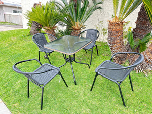 BTExpert Indoor Outdoor 28" Square Tempered Glass Metal Table Black Rattan Trim + 4 Black Restaurant Rattan Stack Chairs