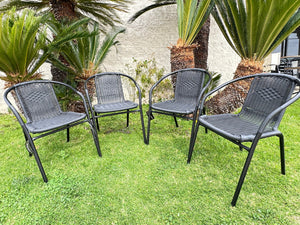 BTExpert Indoor Outdoor 28" Square Tempered Glass Metal Table Black Rattan Trim + 4 Black Restaurant Rattan Stack Chairs