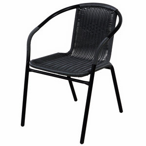 BTExpert Indoor Outdoor 28" Square Tempered Glass Metal Table Black Rattan Trim + 4 Black Restaurant Rattan Stack Chairs