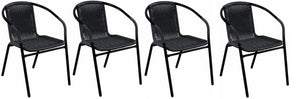 BTExpert Indoor Outdoor 28" Round Tempered Glass Metal Table Black Rattan Trim + 4 Black Restaurant Rattan Stack Chairs