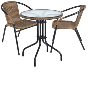 BTExpert Indoor Outdoor 28" Round Tempered Glass Metal Table Brown Rattan Trim + 2 Brown Restaurant Rattan Stack Chairs