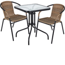 Load image into Gallery viewer, BTExpert Indoor Outdoor 23.75&quot; Square Tempered Glass Metal Table + 2 Brown Restaurant Rattan Stack Chairs
