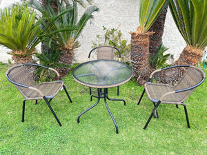 BTExpert Indoor Outdoor 28" Round Tempered Glass Metal Table Brown Rattan Trim + 3 Brown Restaurant Rattan Stack Chairs