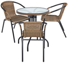 Load image into Gallery viewer, BTExpert Indoor Outdoor 28&quot; Round Tempered Glass Metal Table Brown Rattan Trim + 3 Brown Restaurant Rattan Stack Chairs
