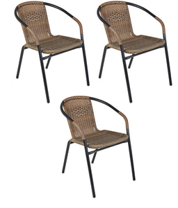 BTExpert Indoor Outdoor 28" Round Tempered Glass Metal Table Brown Rattan Trim + 3 Brown Restaurant Rattan Stack Chairs