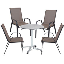 Load image into Gallery viewer, BTExpert Indoor Outdoor 23.75&quot; Round Restaurant Table Stainless Steel Silver Aluminum + 4 Brown Flexible Sling Stack Chairs Commercial Lightweight
