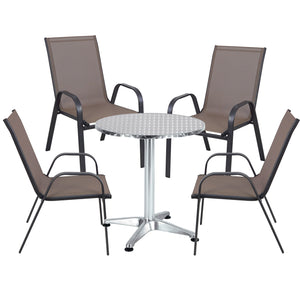 BTExpert Indoor Outdoor 23.75" Round Restaurant Table Stainless Steel Silver Aluminum + 4 Brown Flexible Sling Stack Chairs Commercial Lightweight