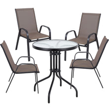 Load image into Gallery viewer, BTExpert Indoor Outdoor 23.75&quot; Round Tempered Glass Metal Table + 4 Brown Flexible Sling Stack Chairs Commercial Lightweight
