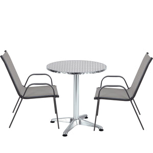 BTExpert Indoor Outdoor 23.75" Round Restaurant Table Stainless Steel Silver Aluminum + 2 Gray Flexible Sling Stack Chairs Commercial Lightweight