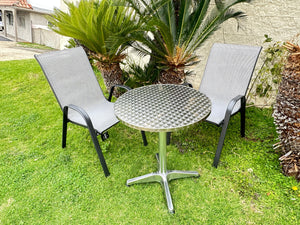 BTExpert Indoor Outdoor 23.75" Round Restaurant Table Stainless Steel Silver Aluminum + 2 Gray Flexible Sling Stack Chairs Commercial Lightweight