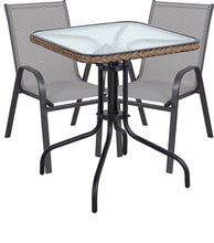 Load image into Gallery viewer, BTExpert Indoor Outdoor 28&quot; Square Tempered Glass Metal Table Brown Rattan Trim + 2 Gray Restaurant Flexible Sling Stack Chairs
