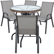 Load image into Gallery viewer, BTExpert Indoor Outdoor 28&quot; Round Tempered Glass Metal Table Brown Rattan Trim + 4 Gray Restaurant Flexible Sling Stack Chairs
