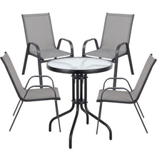 Load image into Gallery viewer, BTExpert Indoor Outdoor 23.75&quot; Round Tempered Glass Metal Table + 4 Gray Flexible Sling Stack Chairs Commercial Lightweight
