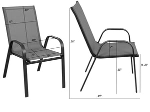 BTExpert Indoor Outdoor 28" Square Tempered Glass Metal Table Brown Rattan Trim + 2 Gray Restaurant Flexible Sling Stack Chairs