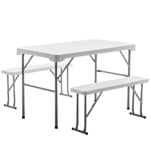 3-Piece set Plastic Portable Folding Beer Picnic Table & two Benches Seats foldable Carrying Handle Heavy Duty White Party RV Patio Dining Event Camping Outdoor Activity Commercial Family Home Garden