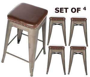 BTEXPERT Barstool, Set of 4 Accent Nail Trim Bars Stackable Kitchen 24" Counter Industrial PU Upholstered Vintage, Bronze
