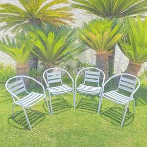 BTExpert Indoor Outdoor 23.75" Round Restaurant Table Stainless Steel Silver Aluminum + 4 Silver Gray Metal Slat Stack Chairs Lightweight
