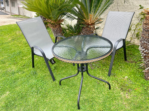 BTExpert Indoor Outdoor 28" Round Tempered Glass Metal Table Brown Rattan Trim + 4 Gray Restaurant Flexible Sling Stack Chairs