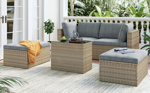 TOPMAX Outdoor Patio Furniture Set, 5-Piece Wicker Rattan Sectional Sofa Set, Brown and Gray