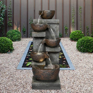 Rustic Outdoor Floor Water Fountain With Light LED Cascading Tipping Jugs For Yard Garden Patio Deck Home