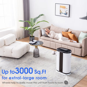 Smart Air Purifier with H13 True HEPA Filter for large rooms up to 3000 Sq.Ft .Capture 99.9% of Pet Daner, Smoke, Dust, Pollen, Formaldehyde. Wisdom WiFi , PM2.5 Monitor, Auto Mode, Movable wheel.