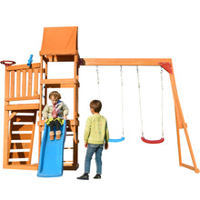 Load image into Gallery viewer, Wooden Swing Set with Slide, Climbing wall, Sandbox and Wood Roof, Outdoor Playhouse Backyard Activity Playground Playset for Toddlers
