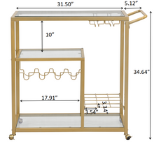 Load image into Gallery viewer, Golden Bar Serving Cart with Wine Rack and Glass Holder for home and kitchen, 3-tier Shelves, Metal Frame and Temper Glass
