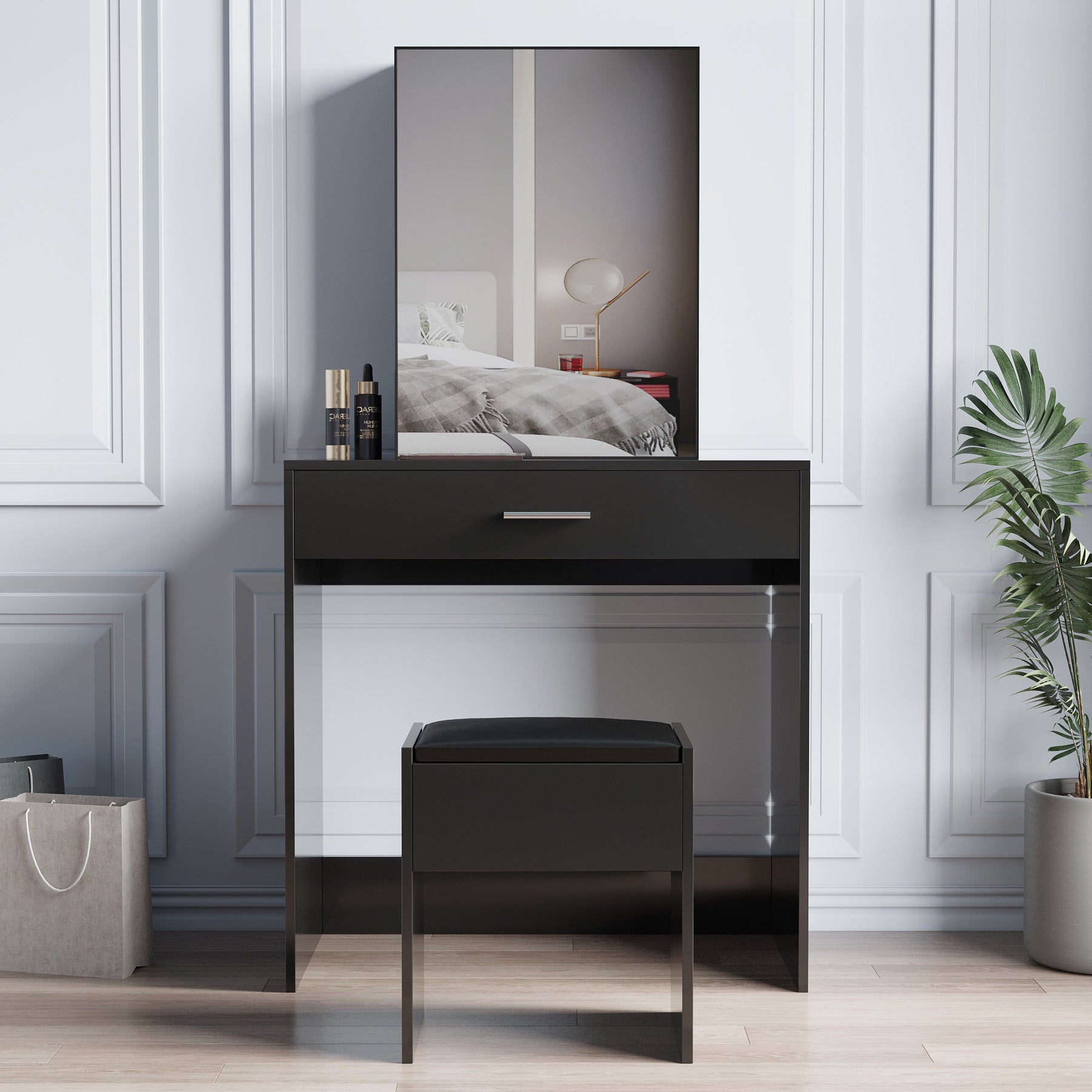 Vanity table set with sliding make up mirror & stool, modern dressing – ChinotiFurniture Vanity table set with sliding make up mirror & stool, modern dressing – ChinotiFurniture