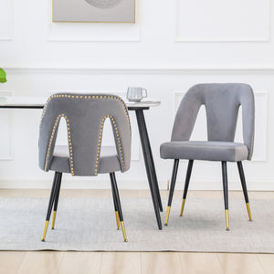A&A Furniture,Akoya Collection Modern | Contemporary Velvet Upholstered Dining Chair with Nailheads and Gold Tipped Black Metal Legs, Gray，Set of 2