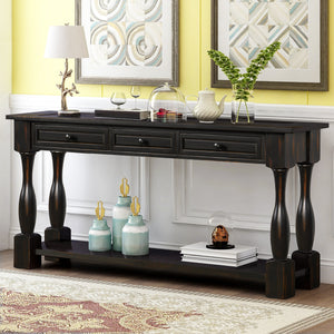 TREXM Console Table 64" Long Extra-thick Sofa Table with Drawers and Shelf for Entryway, Hallway, Living Room (Distressed Black)