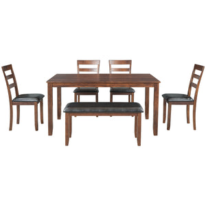 TREXM 6-Piece Kitchen Simple Wooden Dining Table and Chair with Bench, PU Cushion (Walnut)