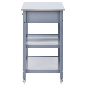 Rolling Kitchen Cart with Stainless Steel Top and Locking Wheels，43.3 Inch Width，Two Open Spacious Storage Shelves and Two Drawers，Bamboo Wood Frame （Grey Blue）