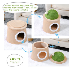 Cactus Cat Cave House with Sisal Scratching Post and sisal ball for cat kittens Green L