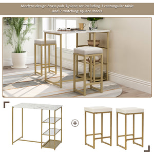 TREXM 3-piece Modern Pub Set with Faux Marble Countertop and Bar Stools, White/Gold