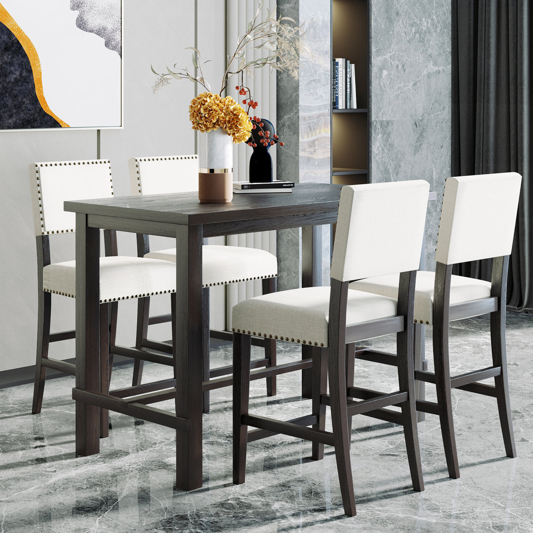 TREXM 5-Piece Counter Height Dining Set, Classic Elegant Table and 4 Chairs in Espresso and Beige